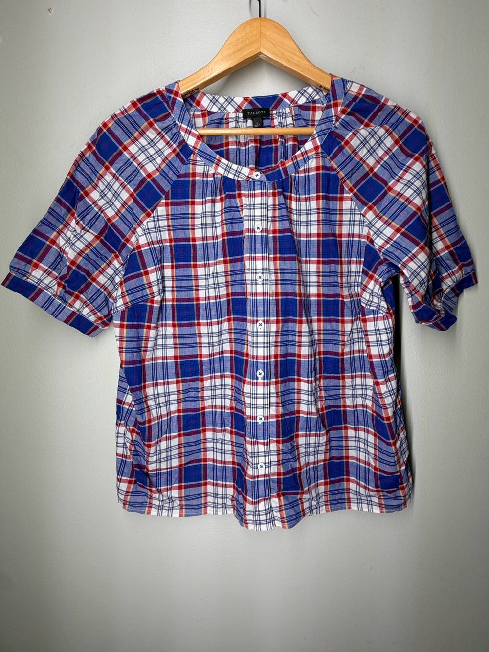 Talbots Band Collar Button Front Blouse Breezy Plaid Americana Heritage Romantic